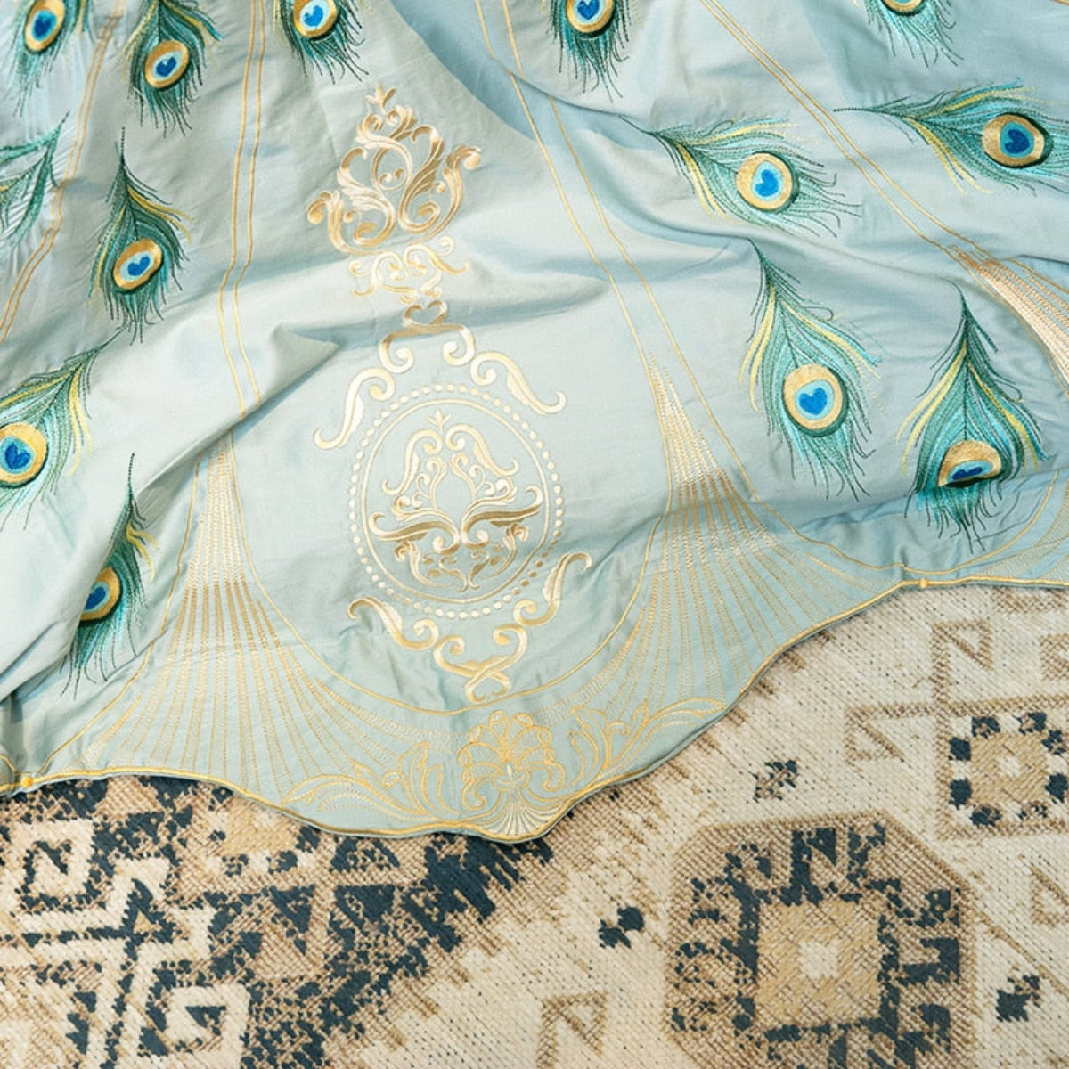Intricate gold embroidery pattern detail on mint Egyptian cotton bedding from LINKORI Drupoke collection.