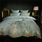 Side angle view of LINKORI Drupoke embroidered duvet set, highlighting the full peacock tail spread across the bed.