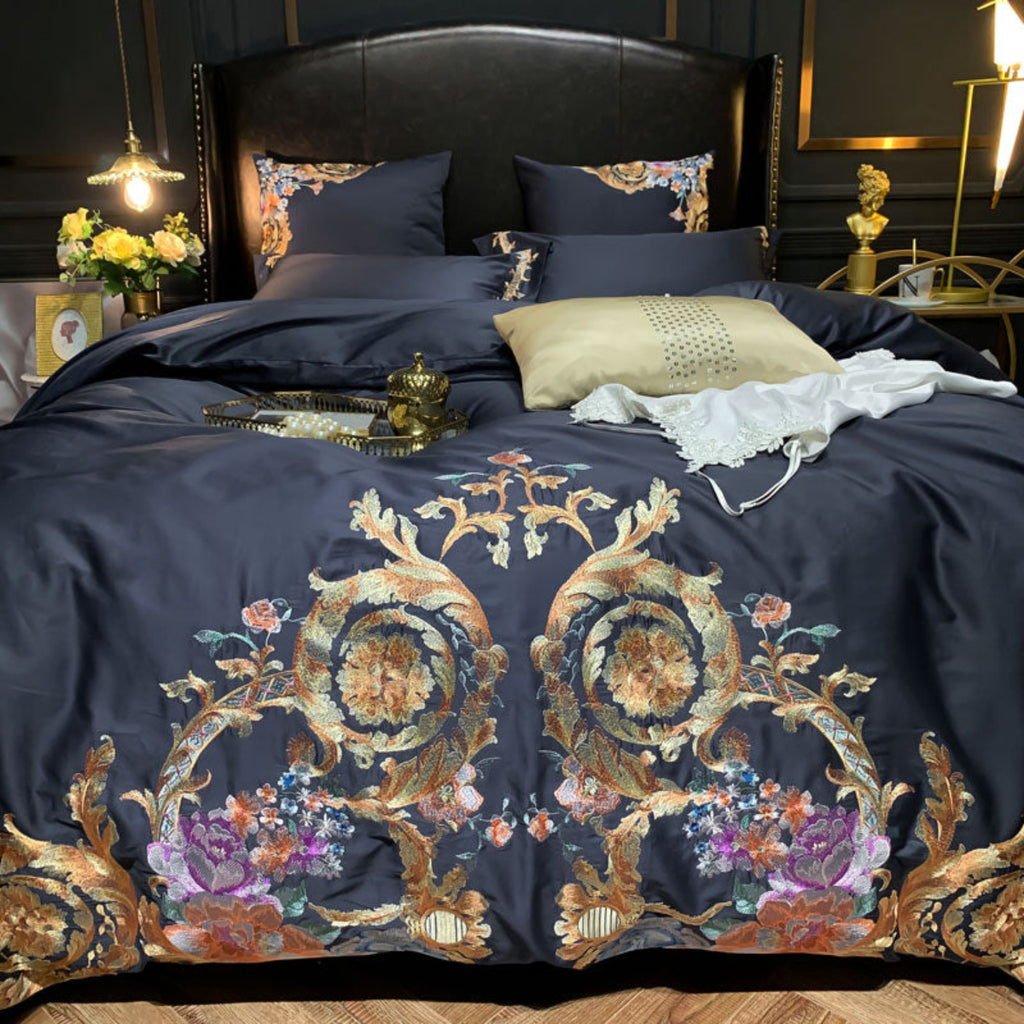  Front-facing full shot highlighting the intricate gold and floral baroque embroidery across the duvet cover.