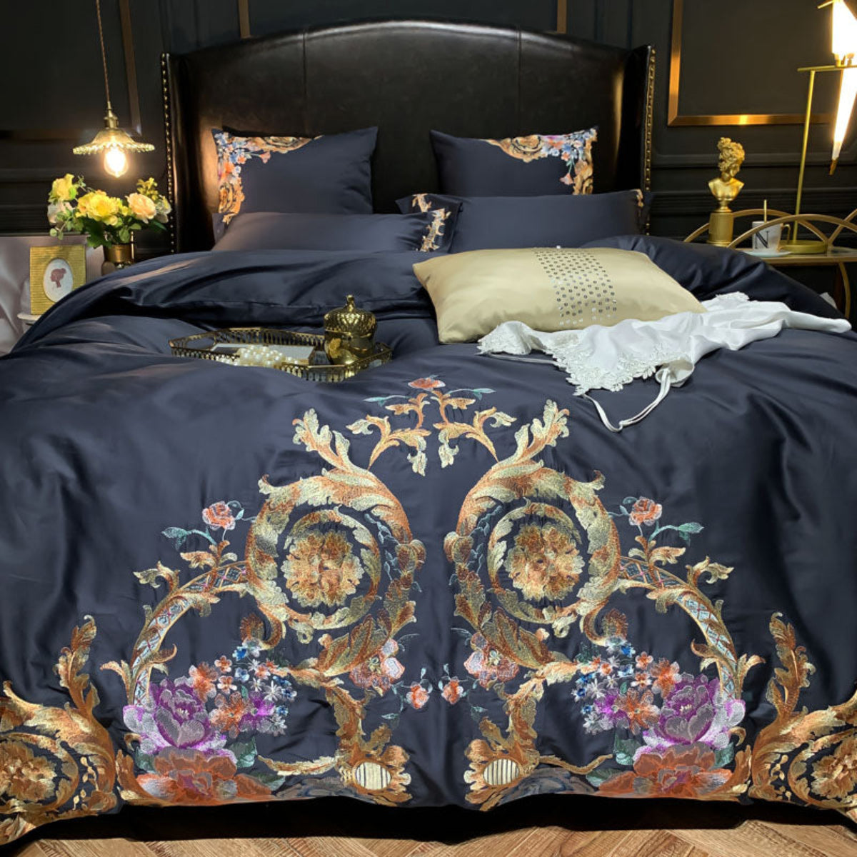  Front-facing full shot highlighting the intricate gold and floral baroque embroidery across the duvet cover.