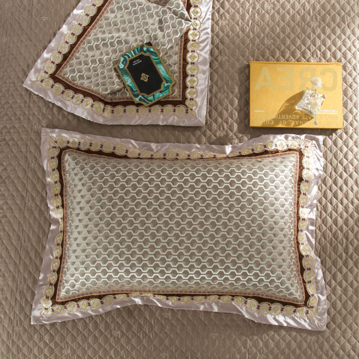 Patterned silk cotton pillowcase with golden embroidery on textured spread – castlecore bedroom detail – LINKORI Stapun