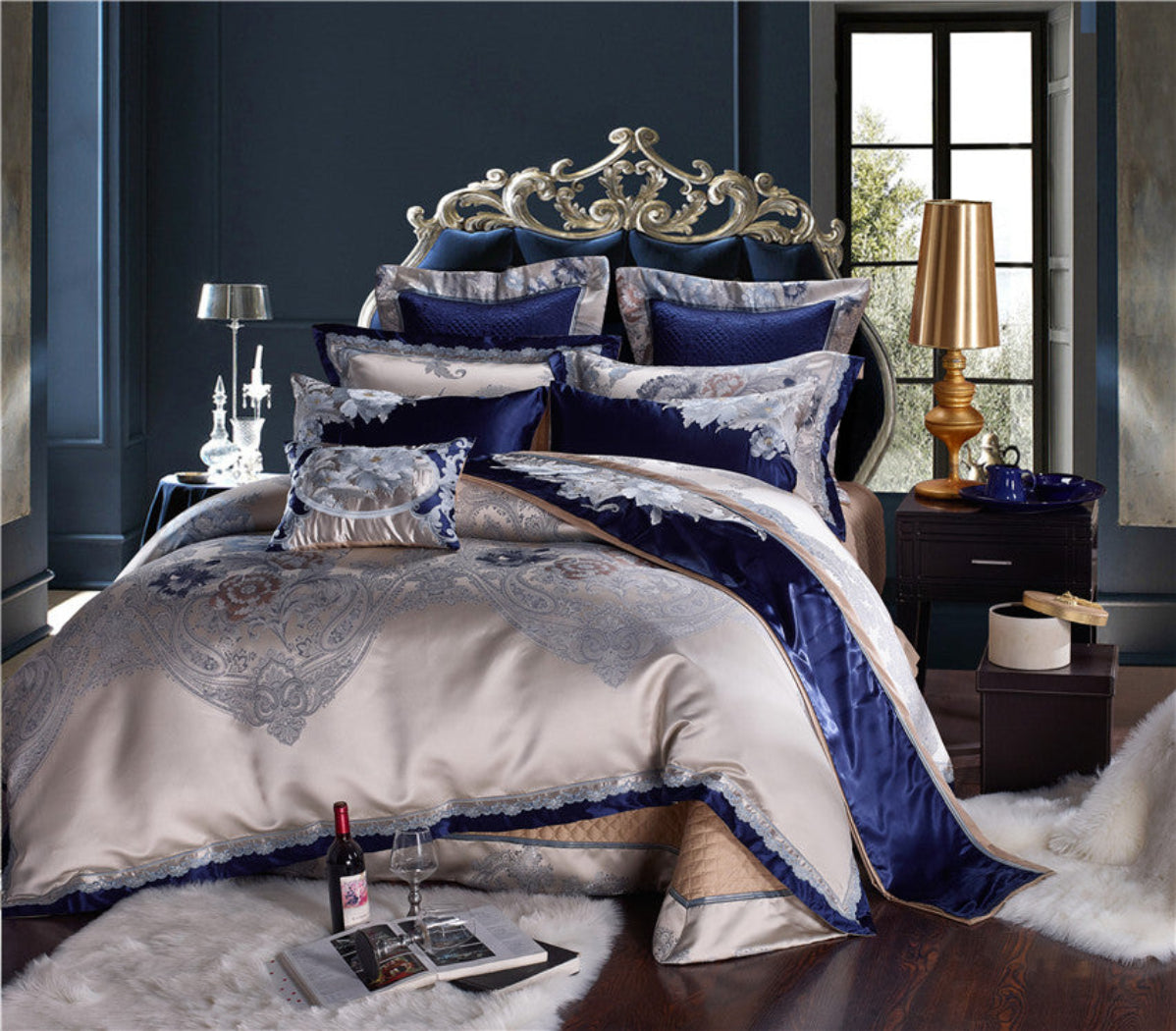 Silk Cotton Duvet Cover Set – Royal Blue Beige 4/6/10-Piece Embroidered Castlecore Bedding | LINKORI Stopiak