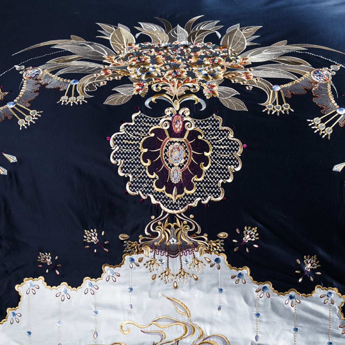 Detailed embroidery close-up on LINKORI Slivel S. duvet cover – gold-thread baroque motifs on satin sheen