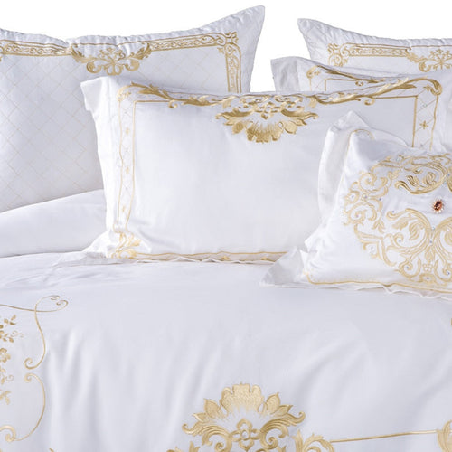 Full Set View of LINKORI Golden Embroidery Bedding – Ornate Duvet and Pillowcases on Elegant Bed Styling