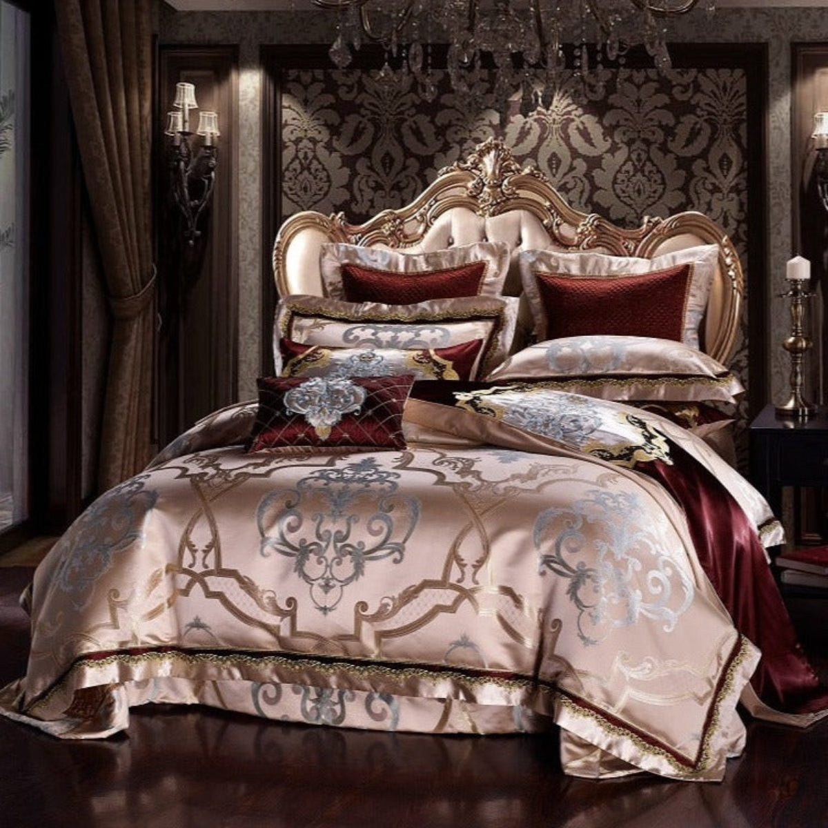 Full view of LINKORI Specto 10-piece bedding set – gold embroidered silk cotton duvet with royal cushion layering