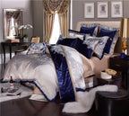 Side view of LINKORI Stopiak 10-piece bedding set with royal blue embroidery, cushions, and thick bedspread