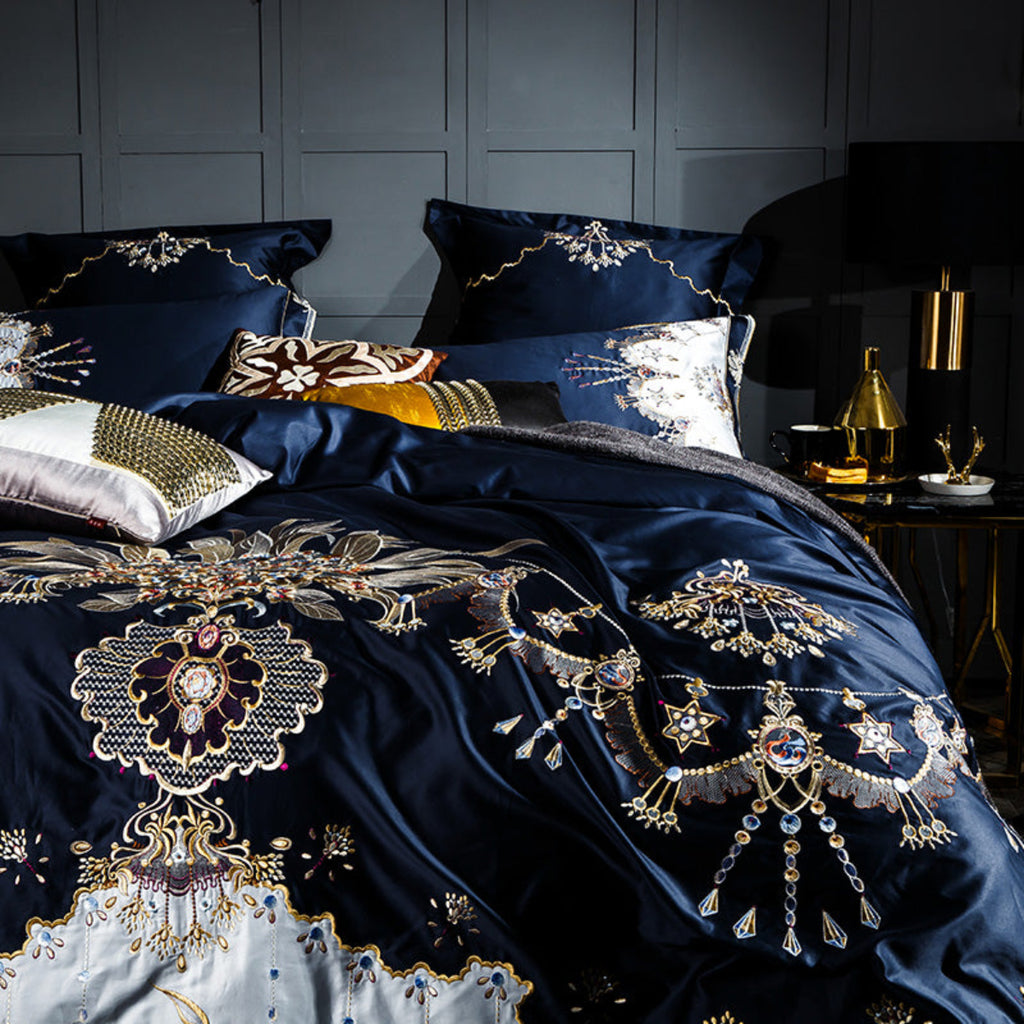 Full view emphasizing detailed embroidery on LINKORI Slivel S. bedding – intricate motifs on deep blue