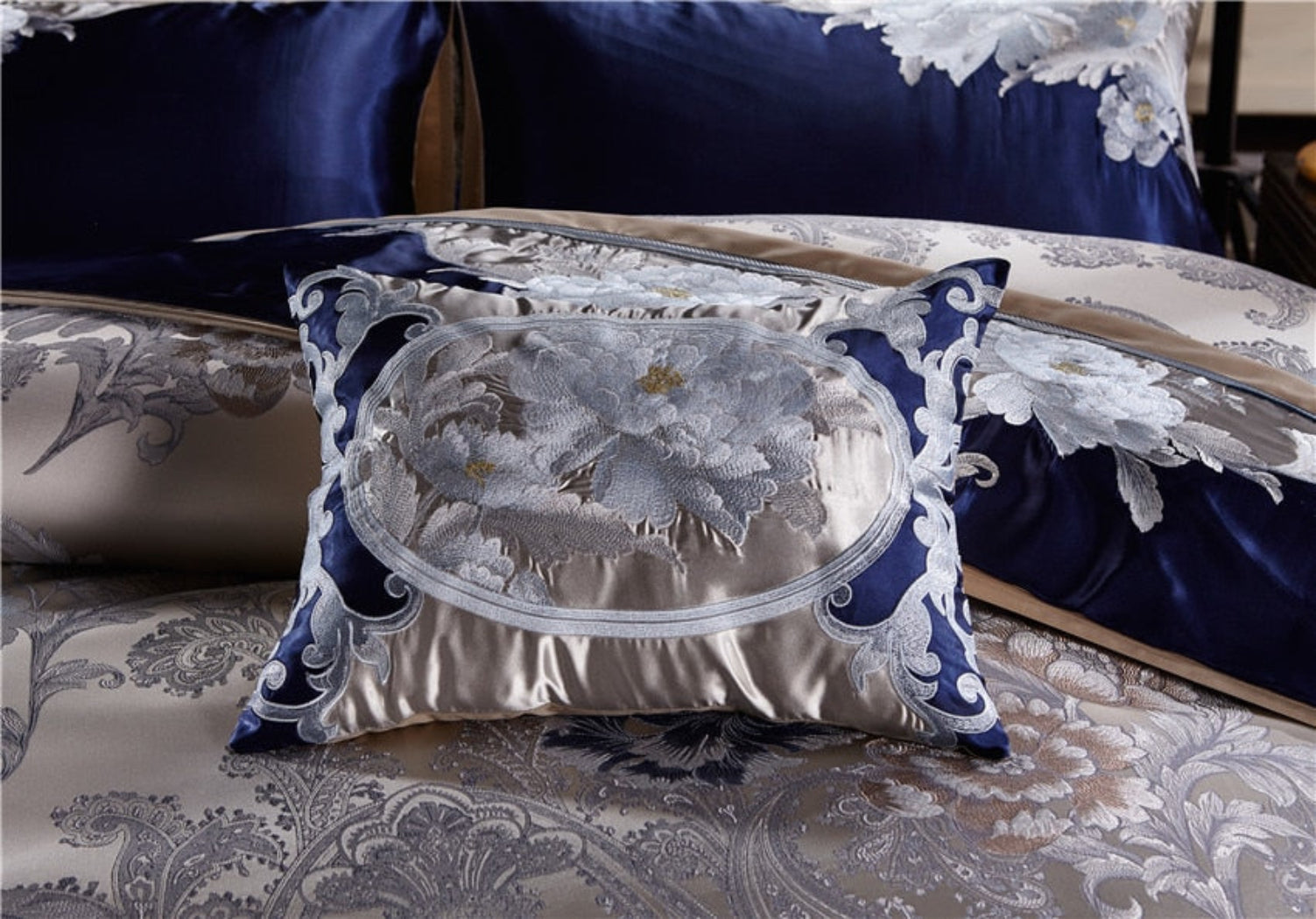 Ornate square cushion from LINKORI Stopiak bedding set with intricate embroidery and satin silk shine