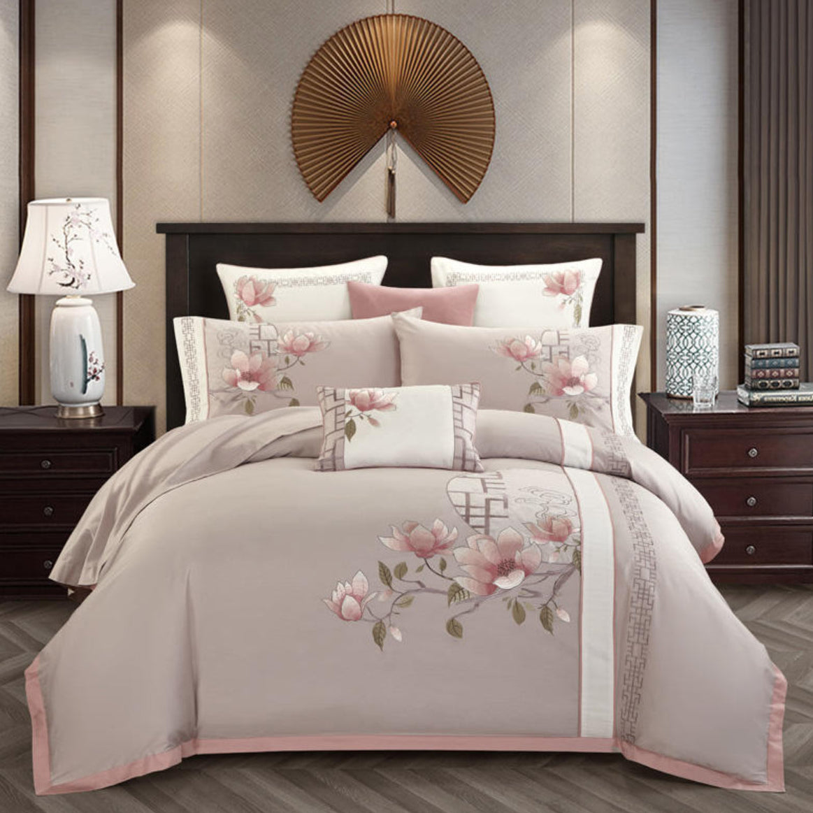  Full view of the LINKORI Floraline pink floral duvet cover set, styled in a romantic bedroom with elegant soft tones.