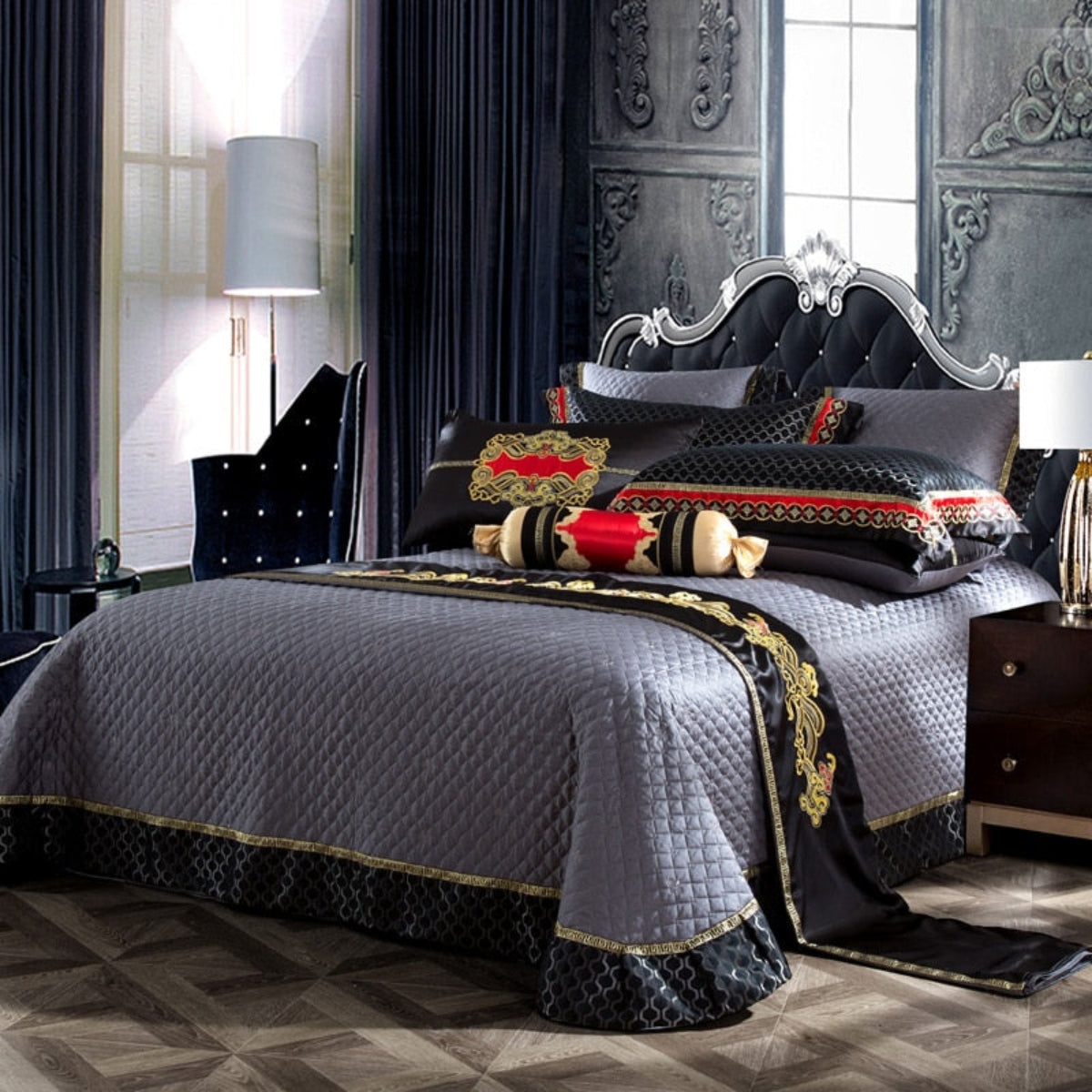 Silk satin thick bedspread with embroidered cushions and pillow set in black and gold castlecore style | LINKORI Stapun Black