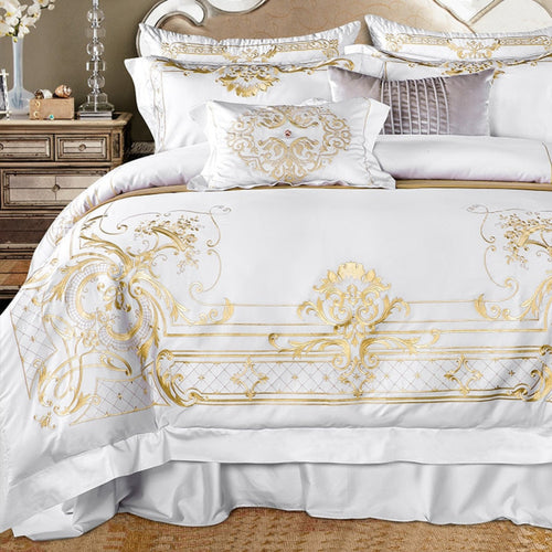 Golden Baroque Embroidery Detail on White Egyptian Cotton Duvet Cover – LINKORI Golden Embroidery Bedding Set