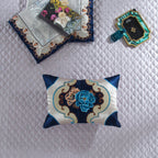 Small embroidered cushion from LINKORI Highclatan – blue floral medallion design in royal detailing