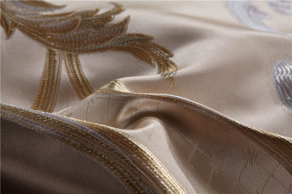 Close-up of gold baroque embroidery on silk cotton fabric – LINKORI Specto luxury textile finish