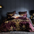 Angled full view of LINKORI Slivel S. R bedding set – opulent plum and gold embroidery on premium cotton