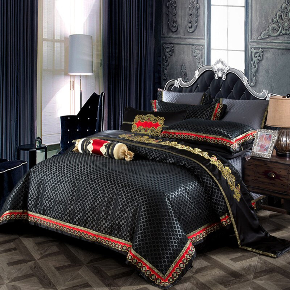 Side view of black jacquard duvet cover with baroque-inspired pattern and satin texture | LINKORI Stapun Black