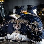 Luxurious embroidery and glam royal aesthetic on deep blue cotton -Angled view of LINKORI Slivel S. bedding 