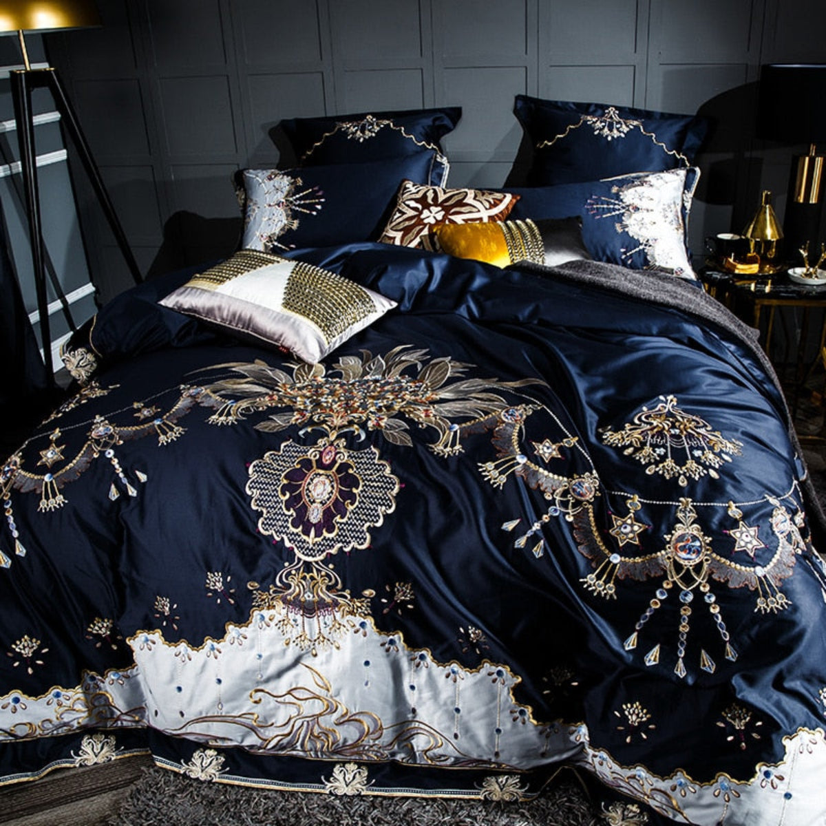 Luxurious embroidery and glam royal aesthetic on deep blue cotton -Angled view of LINKORI Slivel S. bedding 