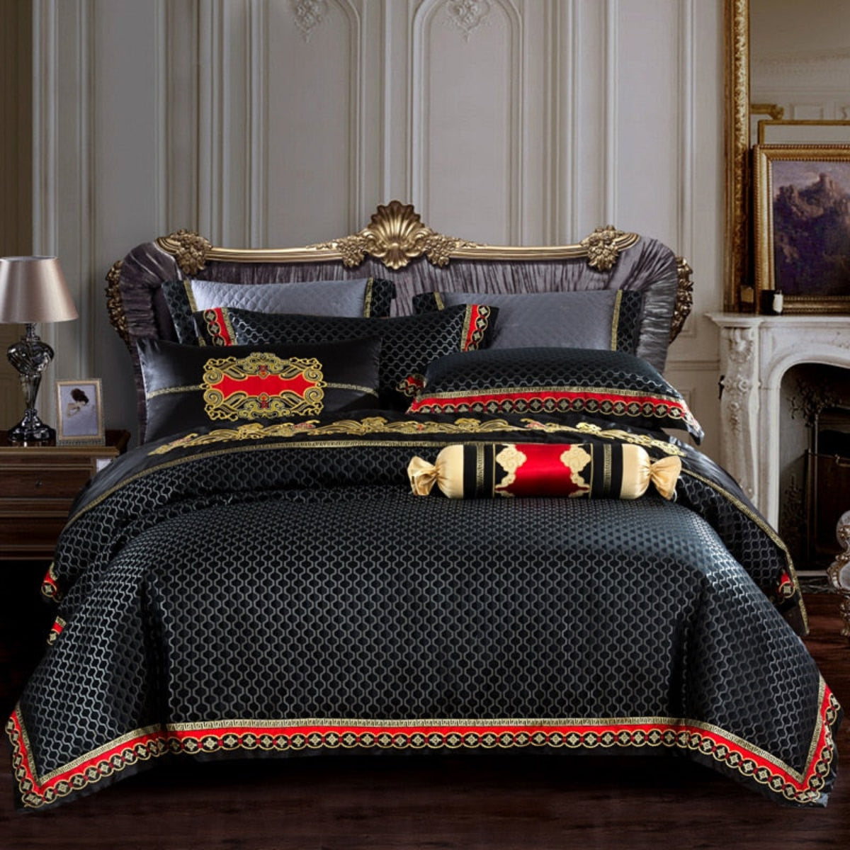 Luxury black and gold jacquard duvet cover set styled in a regal bedroom with full bedding components | LINKORI Stapun Black