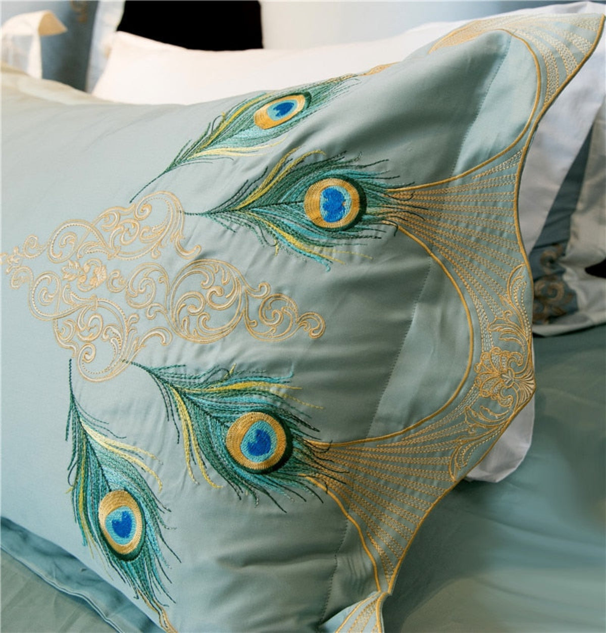 Elegant mint pillowcase with embroidered golden corner design from LINKORI Drupoke bedding set.