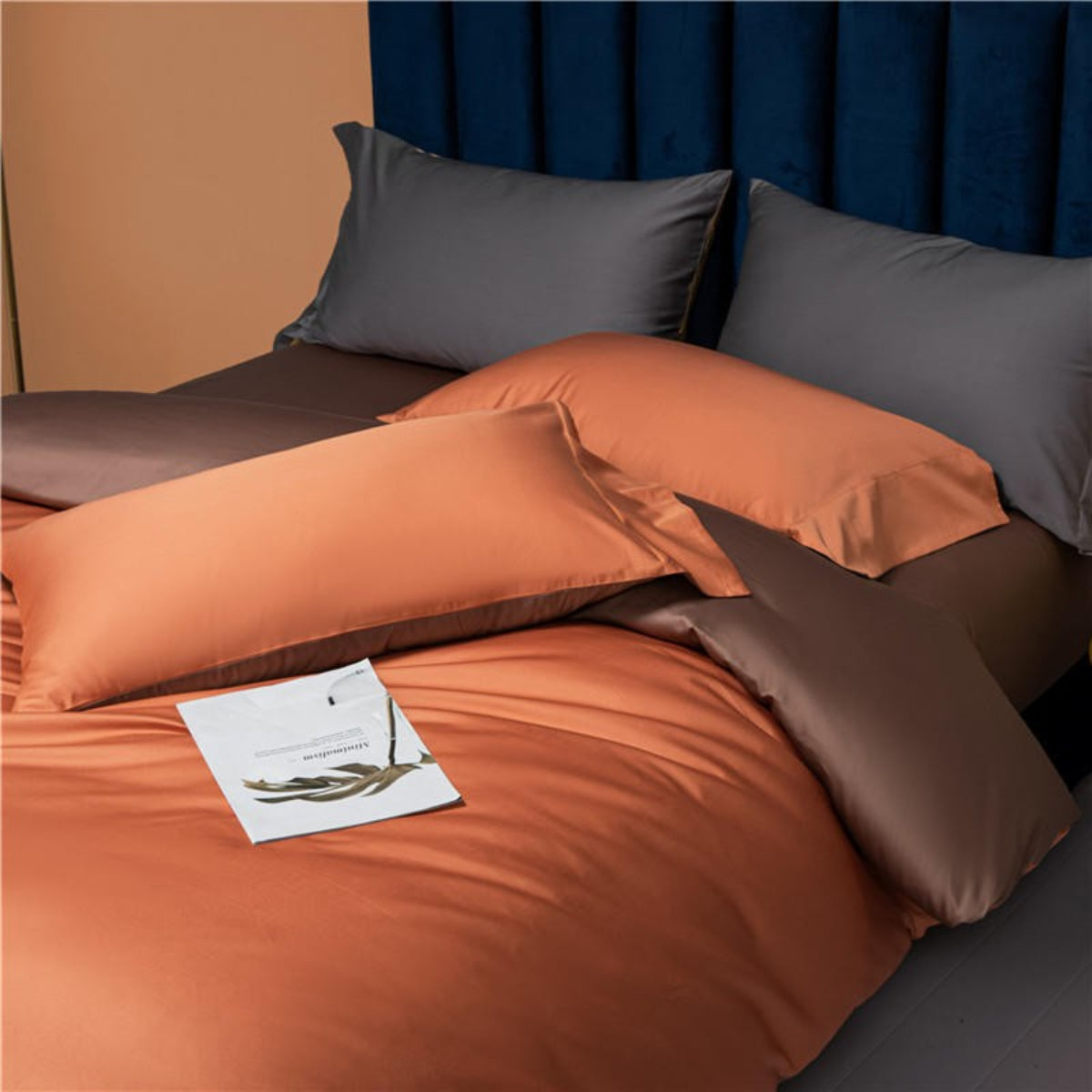 Brown Flat Sheet with Reversible Orange and Brown Duvet Cover and Two Orange Pillowcases – Cozy Luxury Bedding Ensemble