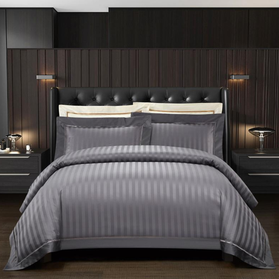 grey striped Egyptian cotton duvet cover set 4-piece luxury bedding for modern bedrooms, 400TC sateen finish | LINKORI Gradiol S. Grey full view