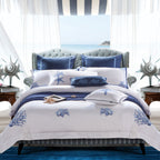 Full view of ocean-inspired blue and white duvet cover set with coral and starfish embroidery – LINKORI Blue Coral luxury bedding