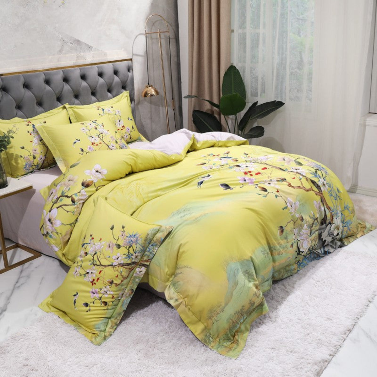 Angled Shot of Beautiflower Artistic Bedding – Yellow Blossoming Tree Design with Grandmillennial Aesthetic | LINKORI