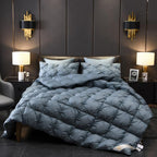 Full front view of LINKORI Blue Luxurious goose down comforter with sculpted quilting in rich blue tone, styled in modern bedroom.