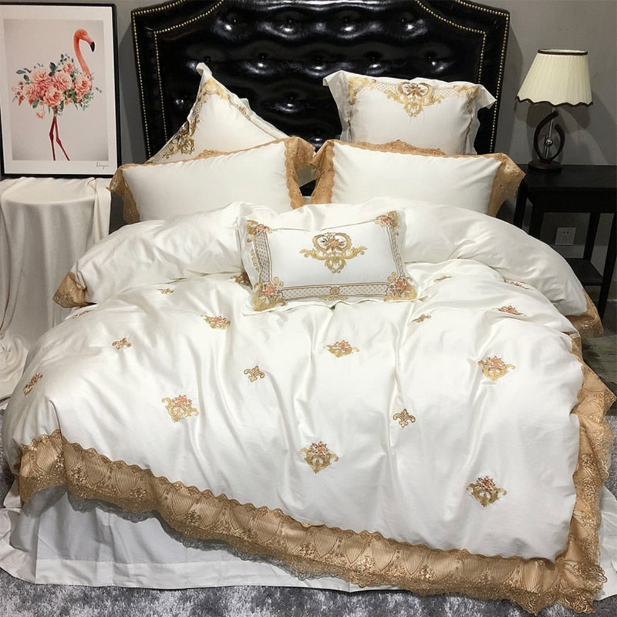 Full view of LINKORI Stonge Royal duvet cover set with gold embroidery and white Egyptian cotton in a regal bedroom setting