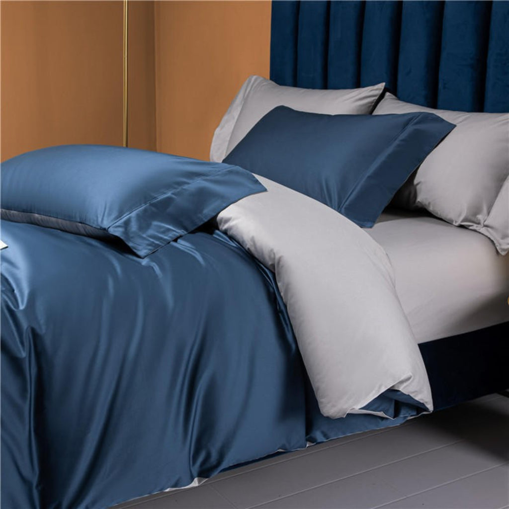 Blue grey reversible bedding set — 100% Egyptian cotton, plush 800 thread count.