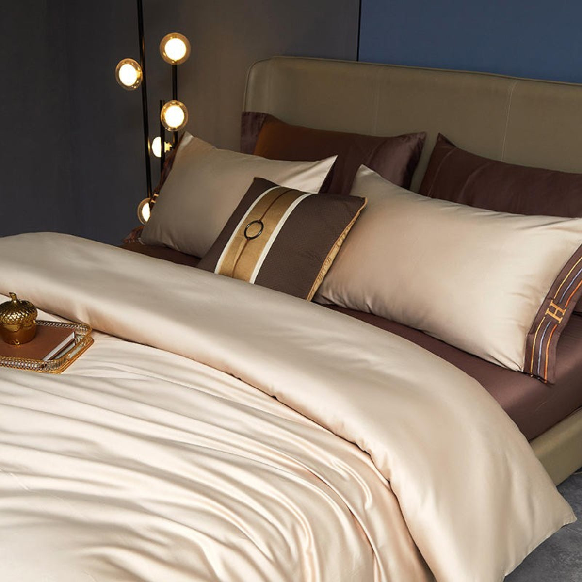 Side view of full beige satin bedding set with brown flat sheet and detailed embroidery trim – soft silky duvet
