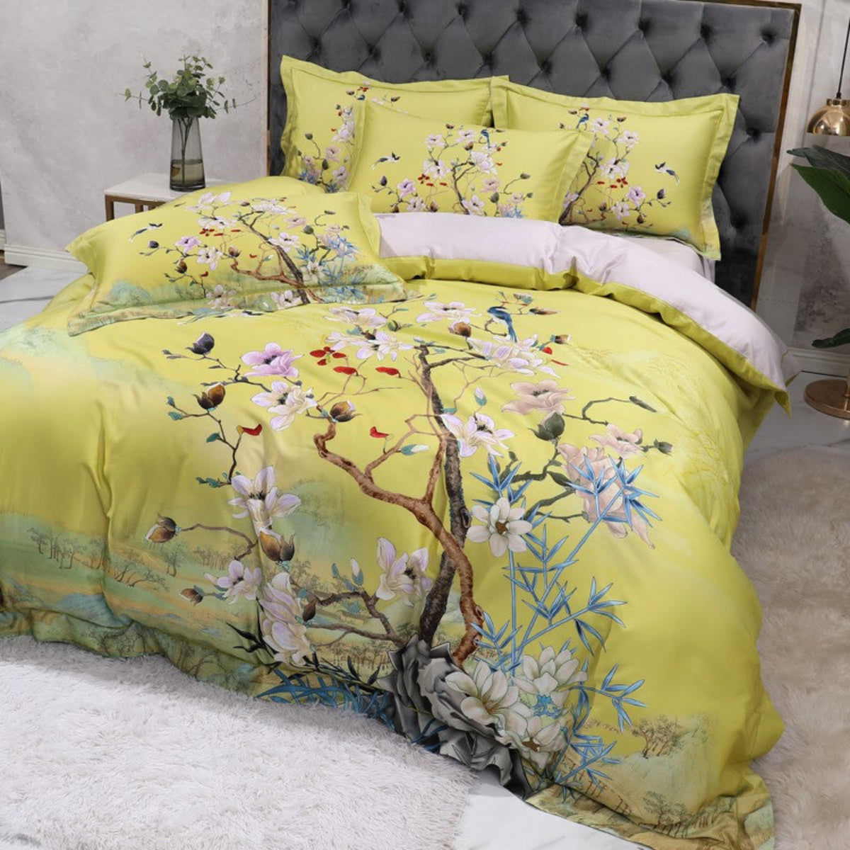 Grandmillennial Bedroom Scene with Beautiflower Duvet – Blossoming Tree Design in Bold Yellow