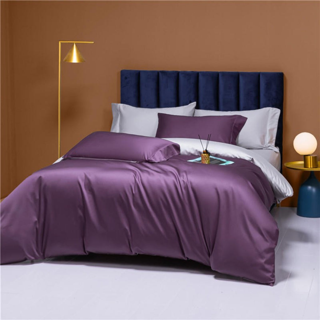 Side view of LINKORI Neslla Purple bedding set featuring bold purple tones and soft lavender contrast in silky Egyptian cotton