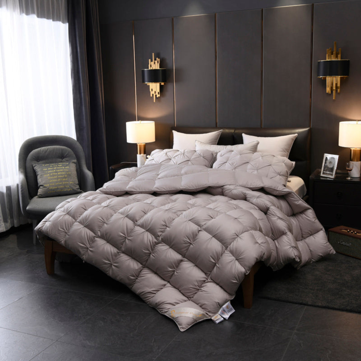 luxury grey goose down comforter styled in contemporary bedroom interior, quilted cotton shell design | LINKORI Grey Luxurious