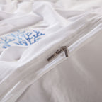 Detailed close-up showing premium zipper and 600-thread count cotton weave on LINKORI Blue Coral duvet cover