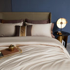 Front close-up of beige duvet cover and matching pillows on brown satin sheet – LINKORI Egyptian cotton bedding