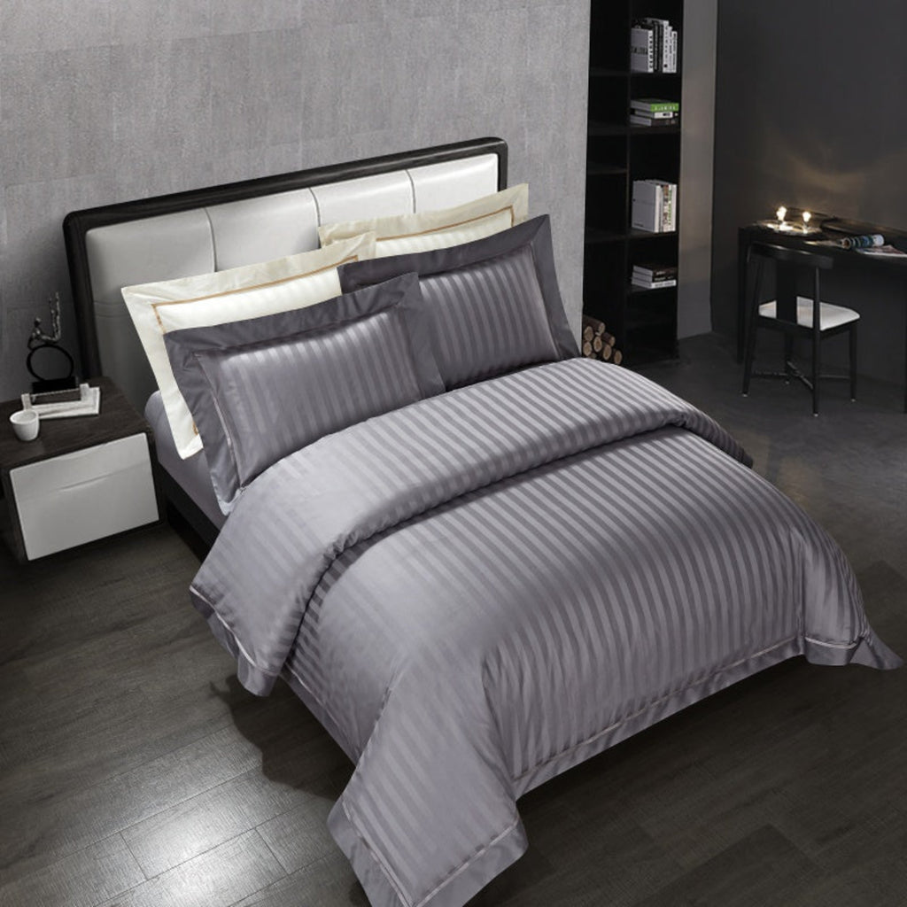 grey striped luxury duvet cover set Egyptian cotton 4-piece bedding styled in modern bedroom interior | LINKORI Gradiol S. Grey