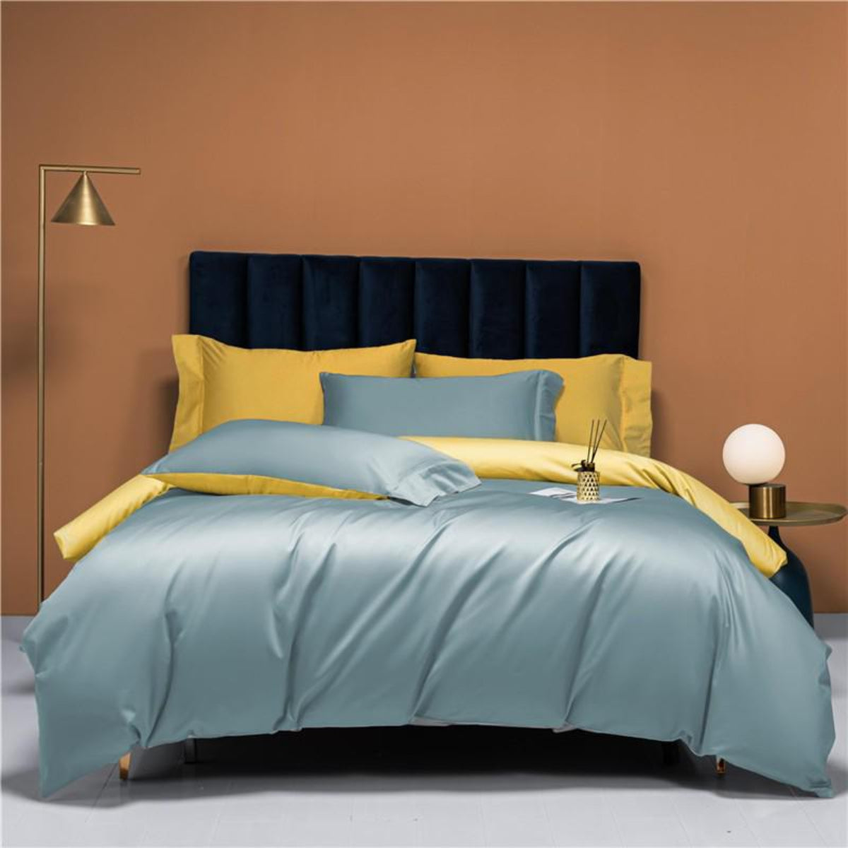 Vibrant Sky-Blue and Yellow Duvet Set in Contemporary Bedroom – LINKORI Reversible 4-Piece Bedding Ensemble
