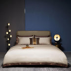 Beige satin Egyptian cotton duvet cover set on luxury bed with brown trim and modern lamps – LINKORI Beige Satin