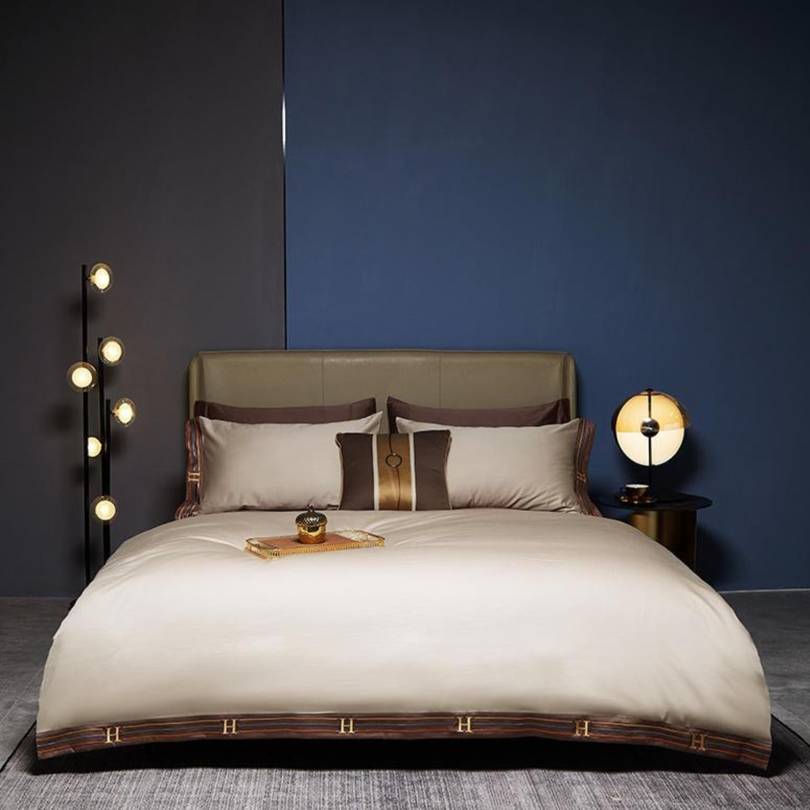 Beige satin Egyptian cotton duvet cover set on luxury bed with brown trim and modern lamps – LINKORI Beige Satin