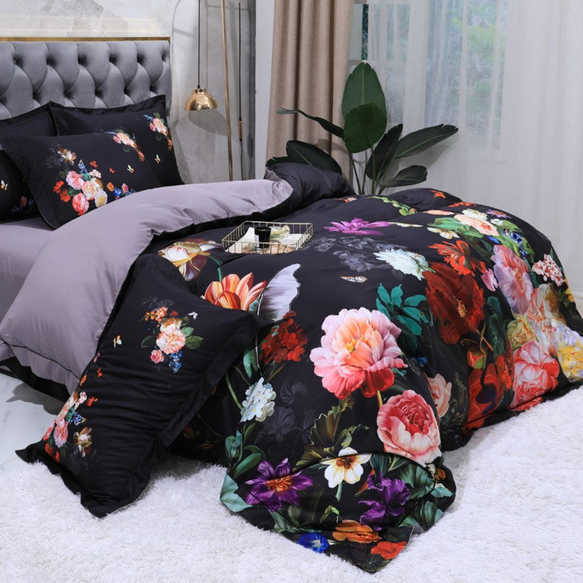 Side view of LINKORI The Flowers black botanical bedding showing colorful floral motifs and deep contrast design.

