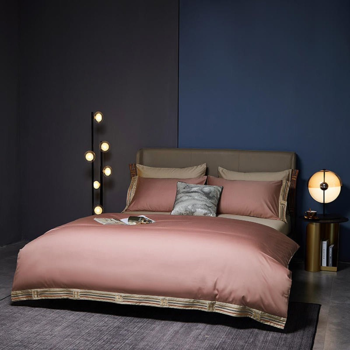 Modern bedroom with full 4-piece pink satin bedding – blush tones, Japandi aesthetic, 600TC Egyptian cotton | LINKORI, styled room view