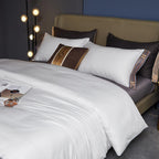  Close side view showing smooth satin duvet texture over charcoal flat sheet — highlighting layering and material contrast.