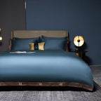 Luxury modern bedroom with 4-piece LINKORI Blue Satin Egyptian cotton bedding set