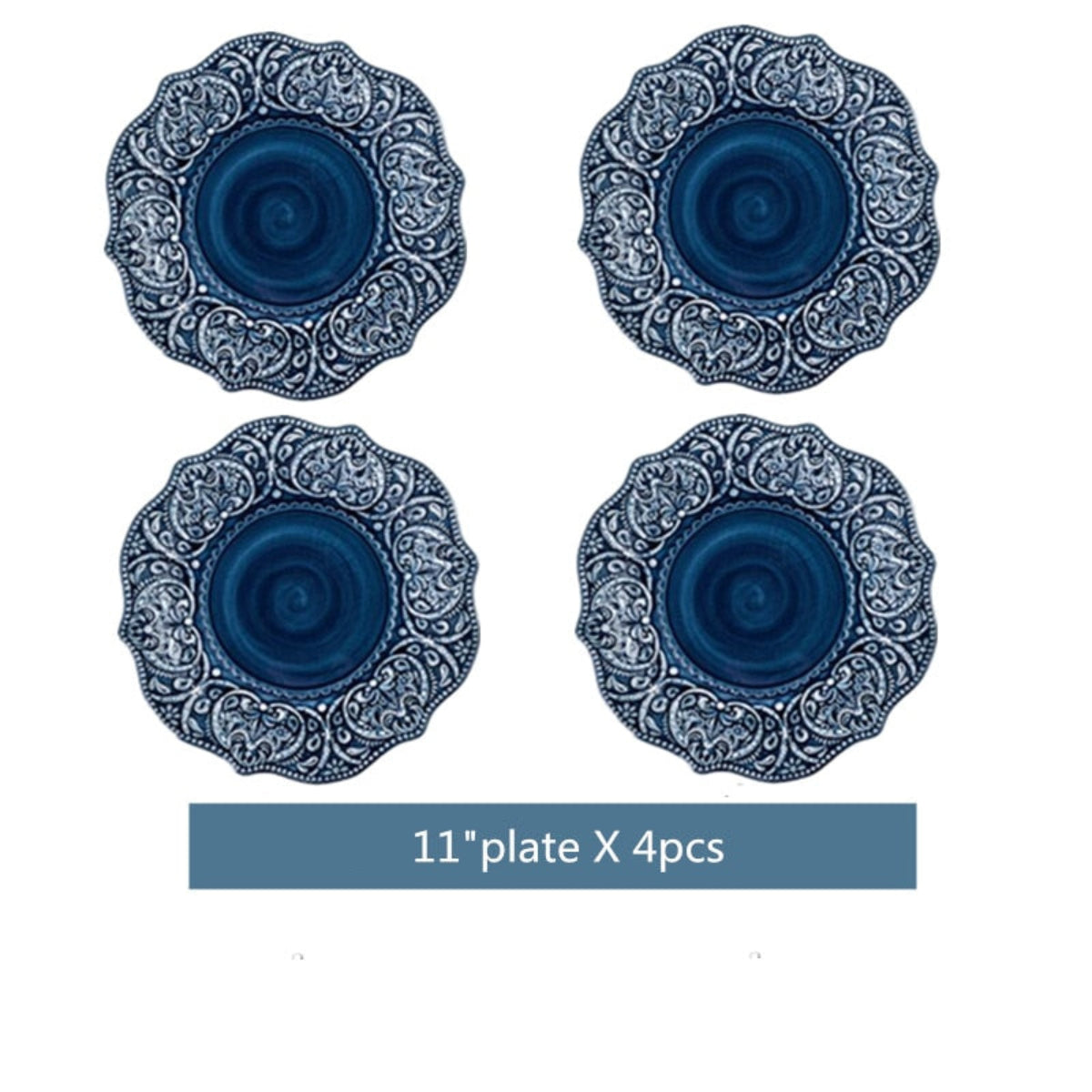 4-piece set of 11” large dinner plates from LINKORI Gratique – ornate pattern with indigo glaze