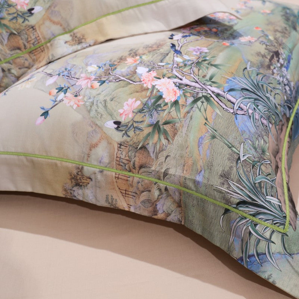 Detailed view of landscape art pillow design – featuring bamboo, mountains, and delicate florals | LINKORI Orientalic