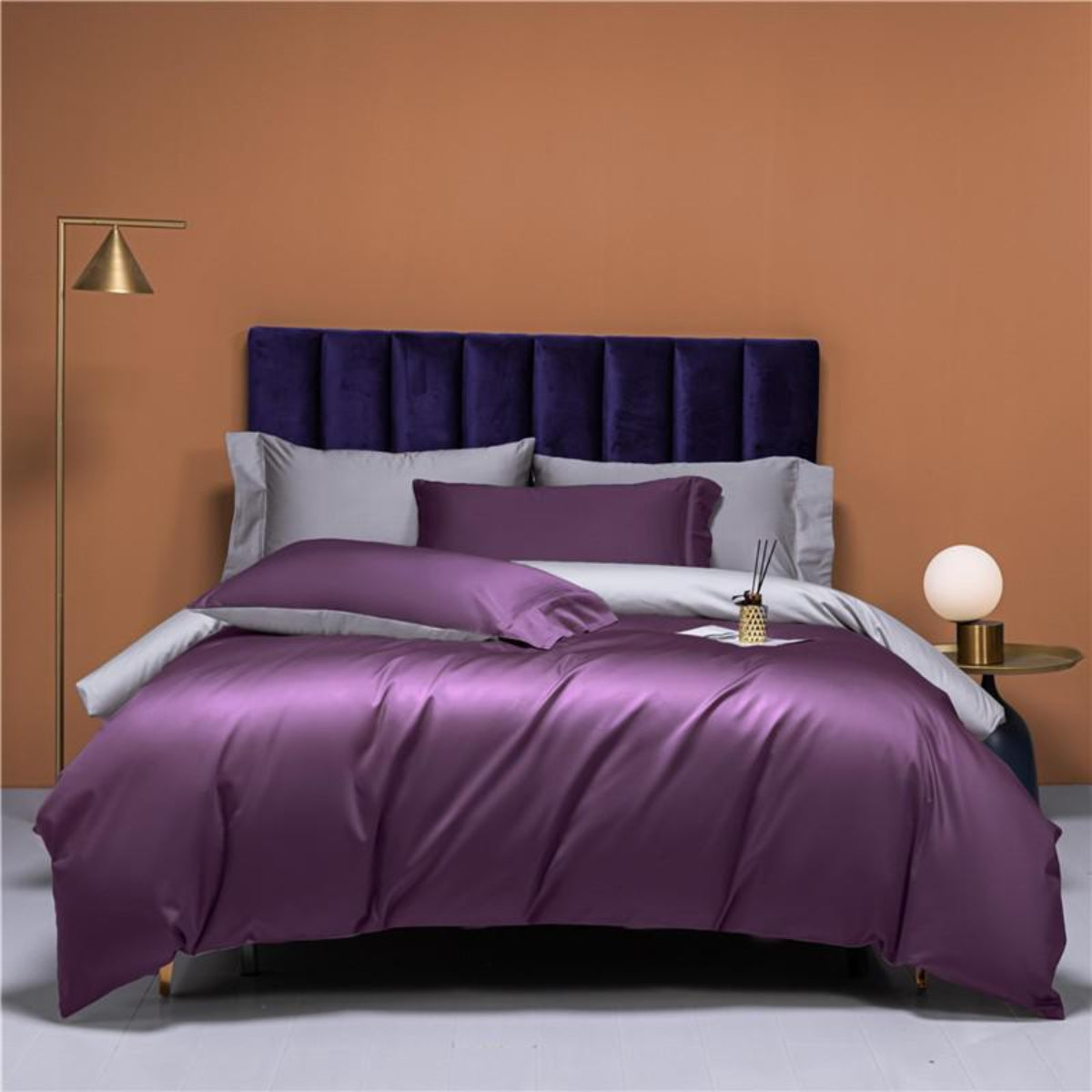 Luxurious purple reversible duvet cover set styled in a modern bedroom – LINKORI Neslla Purple, 100% Egyptian cotton 4-piece bedding