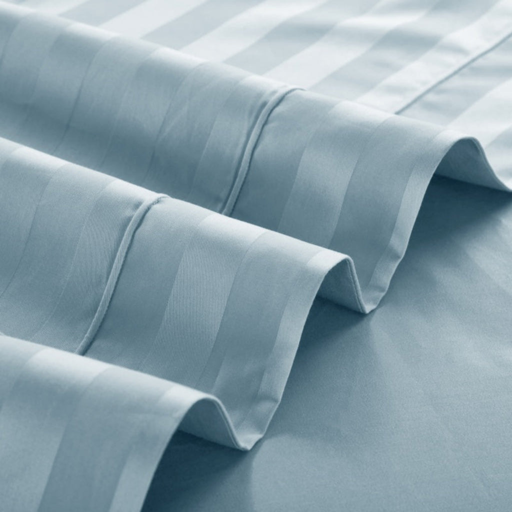 Detail of vertical striped pattern on Gradiol duvet cover – soft blue Egyptian cotton finish