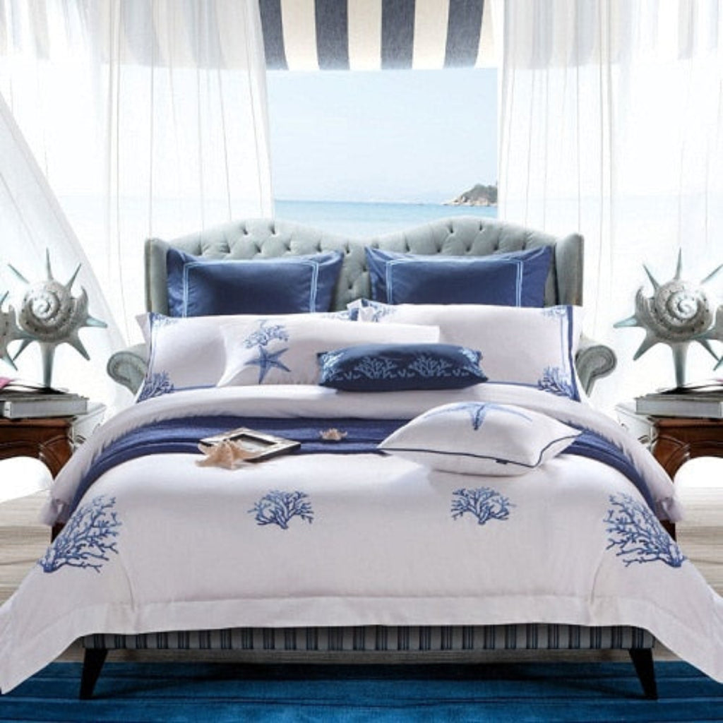 100% Egyptian Cotton Duvet Cover Set – Blue Coral Ocean-Inspired 4/6-Piece Bedding | LINKORI Blue Coral