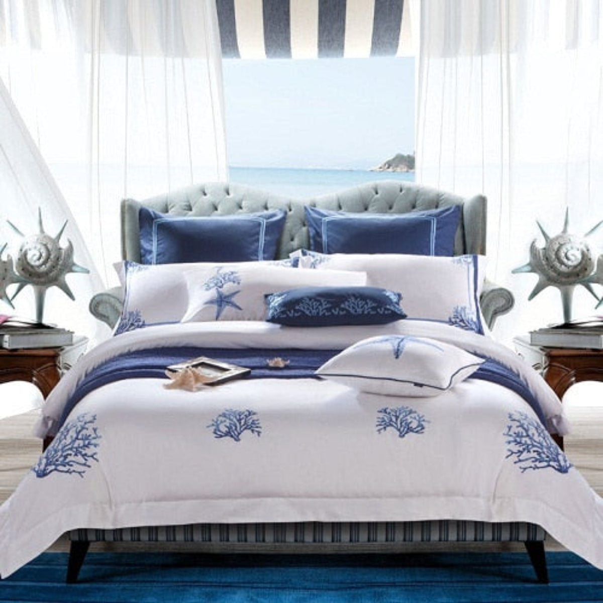 100% Egyptian Cotton Duvet Cover Set – Blue Coral Ocean-Inspired 4/6-Piece Bedding | LINKORI Blue Coral